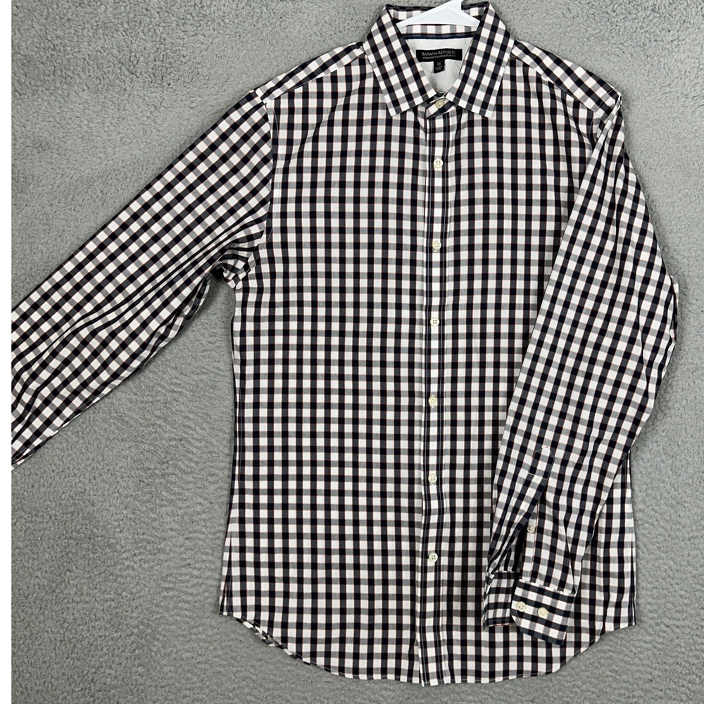 Banana Republic Shirt Mens Medium Tailored Slim Fit Navy Orange Gingham Dress